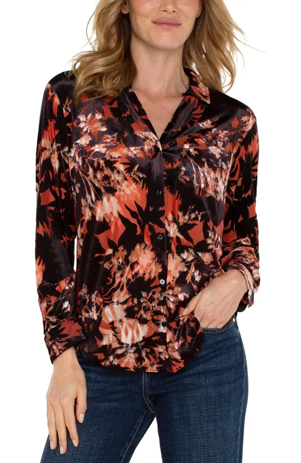 Womens Liverpool Los Angeles Tops LONG SLEEVE BUTTON FRONT KNIT SHIRT Fire Opal Burntout