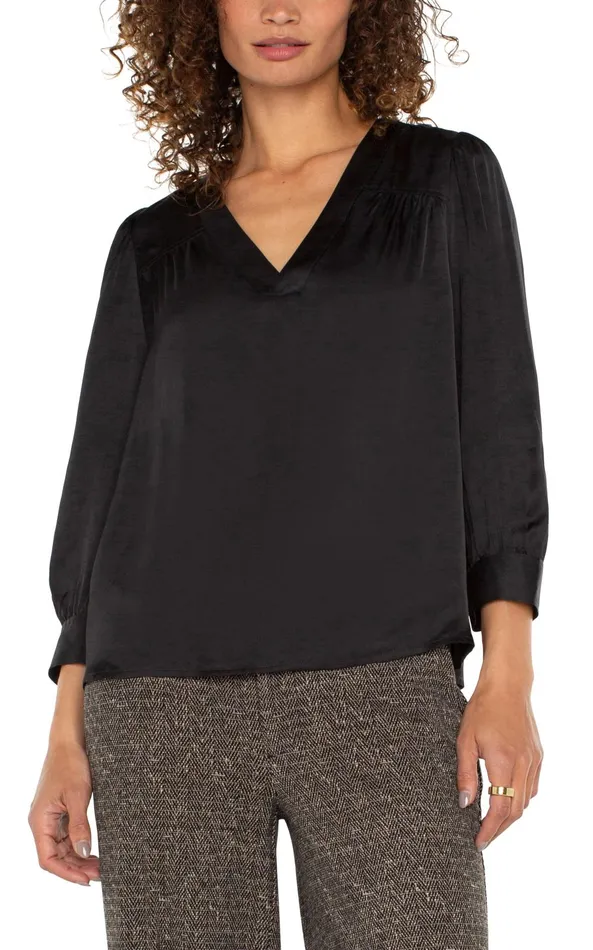 Womens Liverpool Los Angeles Tops LONG SLEEVE PLEATED NECK WOVEN BLOUSE Black Womens Liverpool Los Angeles Tops LONG SLEEVE PLEATED NECK WOVEN BLOUSE Black