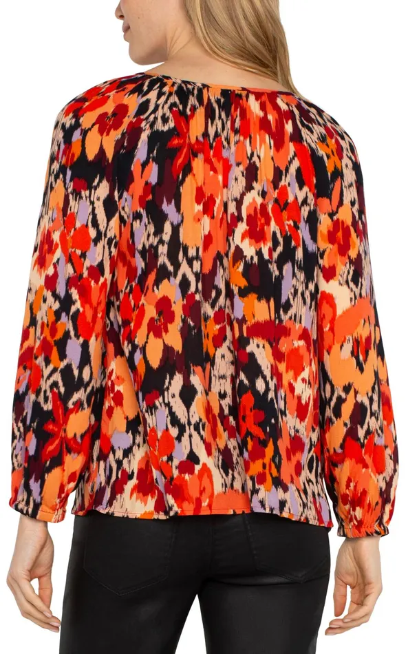 Womens Liverpool Los Angeles Tops LONG SLEEVE SHIRRED WOVEN BLOUSE Burnt Orange Floral