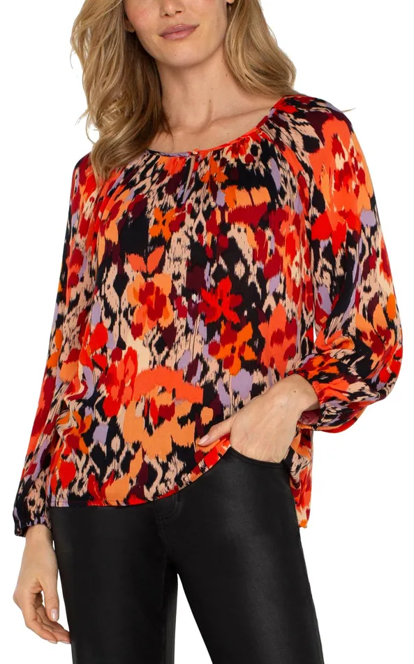 Womens Liverpool Los Angeles Tops LONG SLEEVE SHIRRED WOVEN BLOUSE Burnt Orange Floral