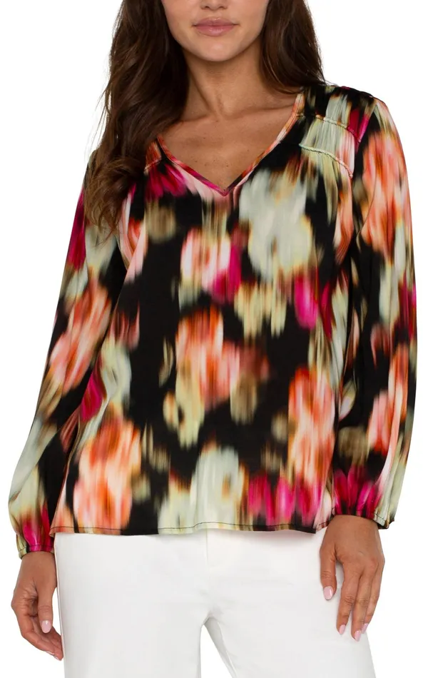 Womens Liverpool Los Angeles Tops LONG SLEEVE VNECK SHIRRED WOVEN BLOUSE Star Ruby Floral Womens Liverpool Los Angeles Tops LONG SLEEVE VNECK SHIRRED WOVEN BLOUSE Star Ruby Floral