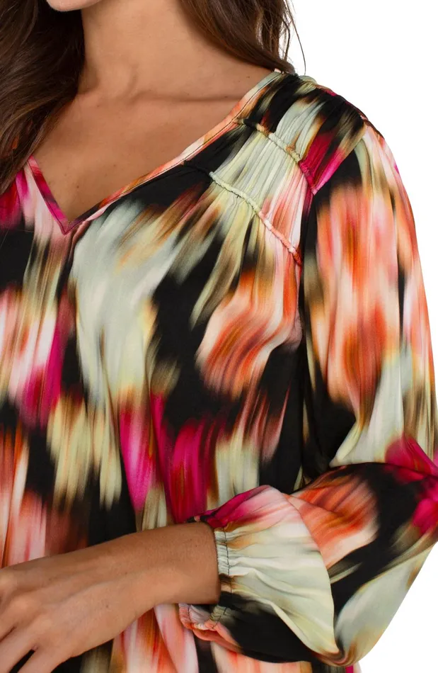 Womens Liverpool Los Angeles Tops LONG SLEEVE VNECK SHIRRED WOVEN BLOUSE Star Ruby Floral