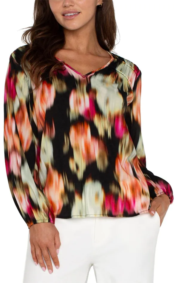 Womens Liverpool Los Angeles Tops LONG SLEEVE VNECK SHIRRED WOVEN BLOUSE Star Ruby Floral