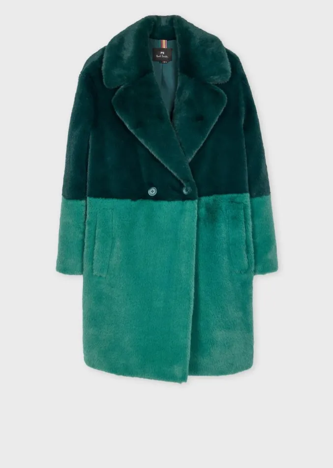 Womens Paul Smith Coats and Jackets Teal And Peacock Blue Faux Fur Colourblock Coat Womens Paul Smith Coats and Jackets Teal And Peacock Blue Faux Fur Colourblock Coat