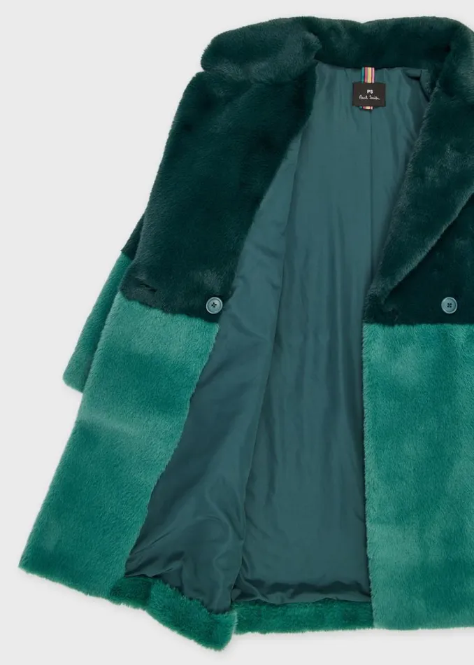 Womens Paul Smith Coats and Jackets Teal And Peacock Blue Faux Fur Colourblock Coat Womens Paul Smith Coats and Jackets Teal And Peacock Blue Faux Fur Colourblock Coat