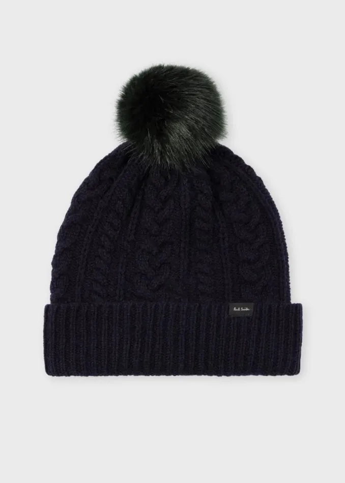 Womens Paul Smith Hats and Gloves Navy Cable Knit Pom Pom Beanie