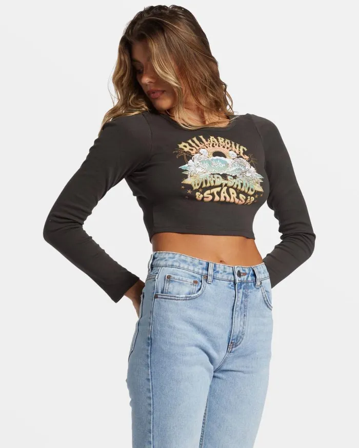Womens Stars In Your Eyes Long Sleeve Cropped Tshirt Off Black Billabong Tops