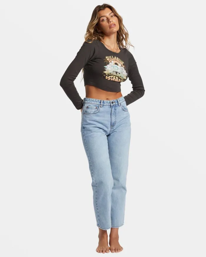 Womens Stars In Your Eyes Long Sleeve Cropped Tshirt Off Black Billabong Tops