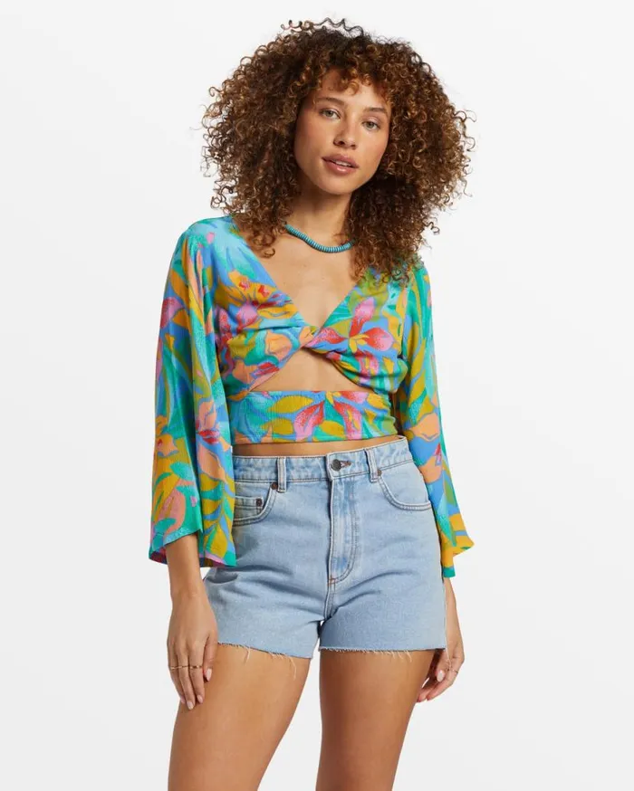 Womens Summer Heat Bell Sleeve Crop Top Marina Billabong Tops