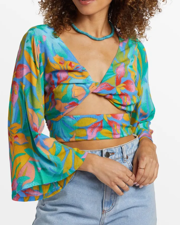 Womens Summer Heat Bell Sleeve Crop Top Marina Billabong Tops Womens Summer Heat Bell Sleeve Crop Top Marina Billabong Tops