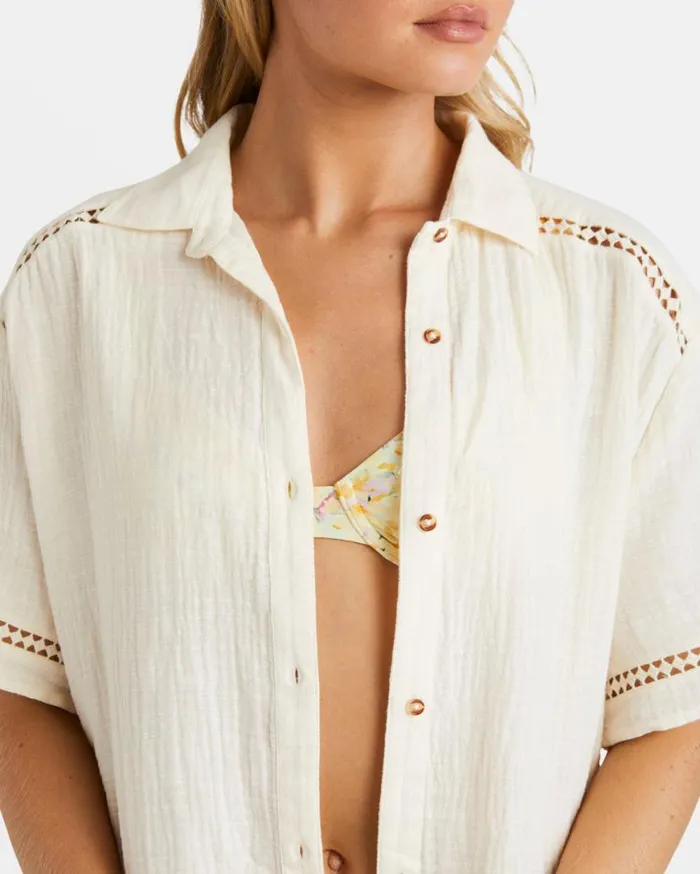 Womens Summers End Short Sleeve Shirt White Cap Billabong Tops