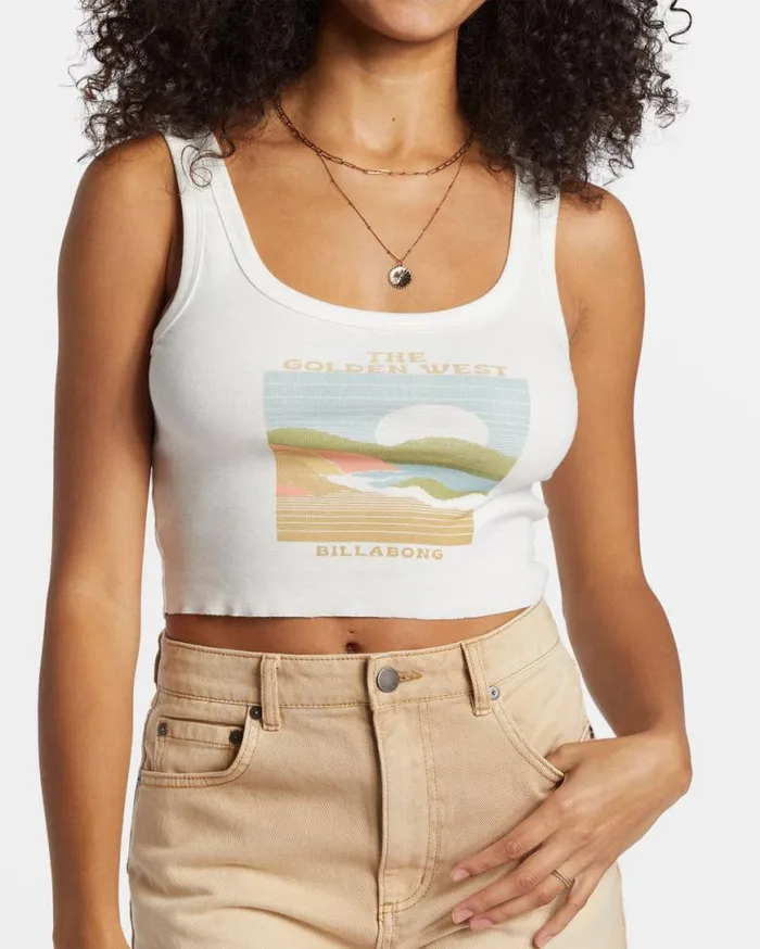 Womens The Golden West Cropped Tank Top Salt Crystal Billabong Graphic Tees and Tanks Womens The Golden West Cropped Tank Top Salt Crystal Billabong Graphic Tees and Tanks