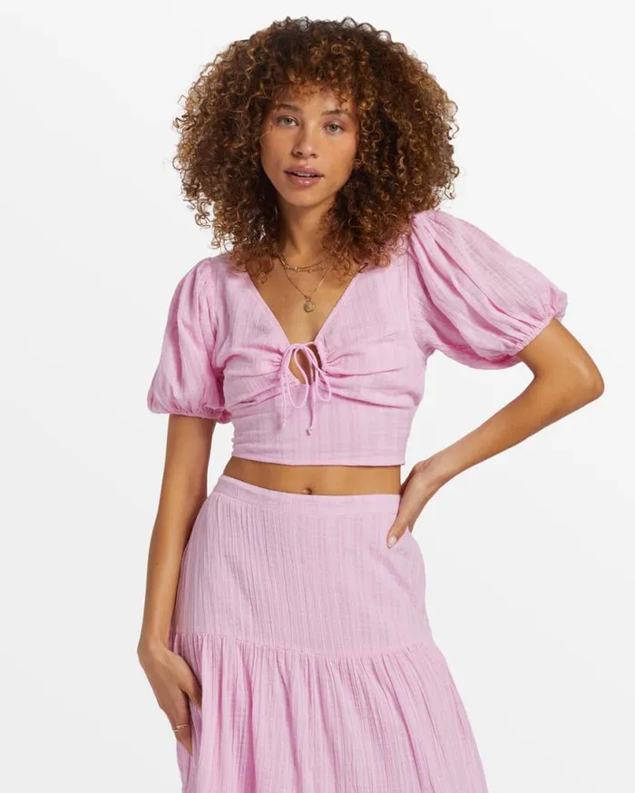 Womens Tropic Heart Puff Sleeve Crop Top Pink Dream Billabong Tops
