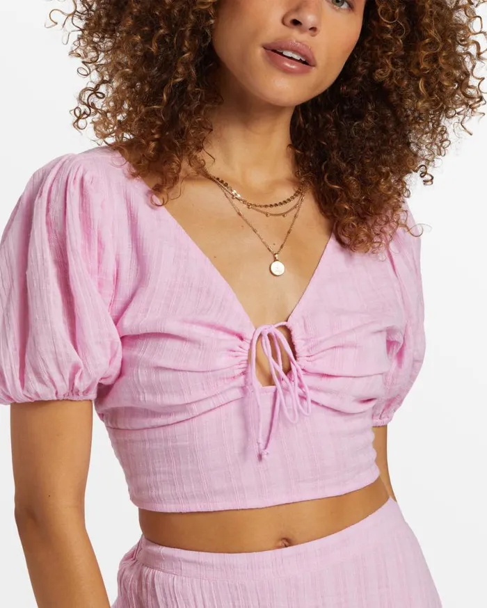 Womens Tropic Heart Puff Sleeve Crop Top Pink Dream Billabong Tops