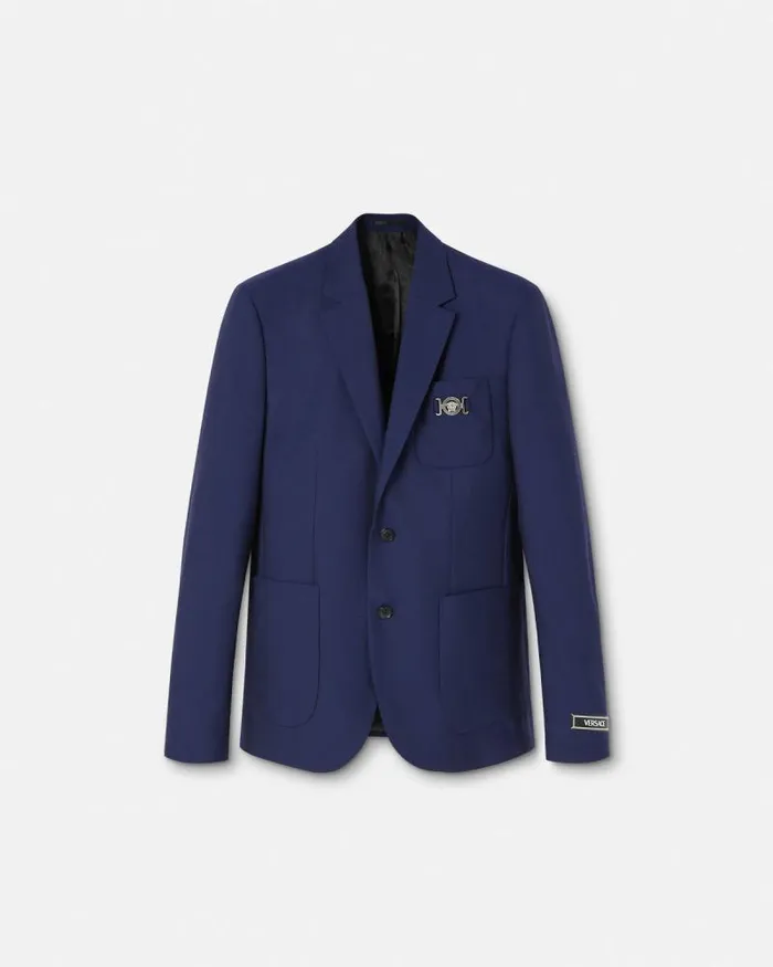 WoolCanvas SingleBreasted Blazer Blue Men Versace Blazers and Suits