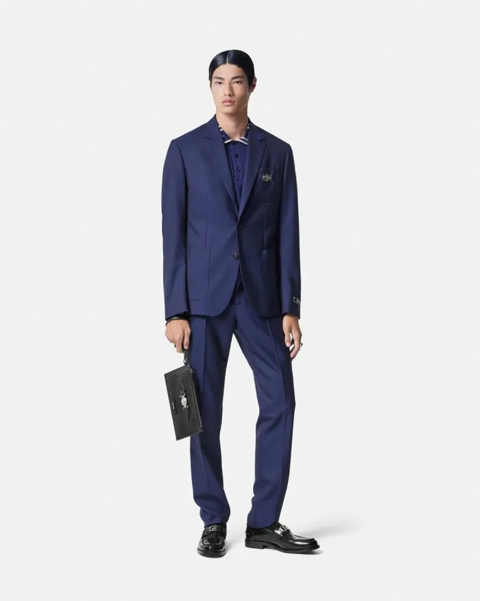 WoolCanvas SingleBreasted Blazer Blue Men Versace Blazers and Suits