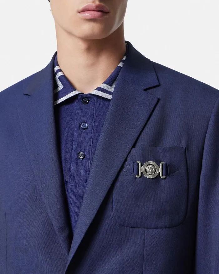 WoolCanvas SingleBreasted Blazer Blue Men Versace Blazers and Suits