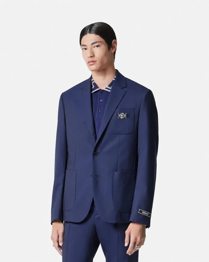 WoolCanvas SingleBreasted Blazer Blue Men Versace Blazers and Suits