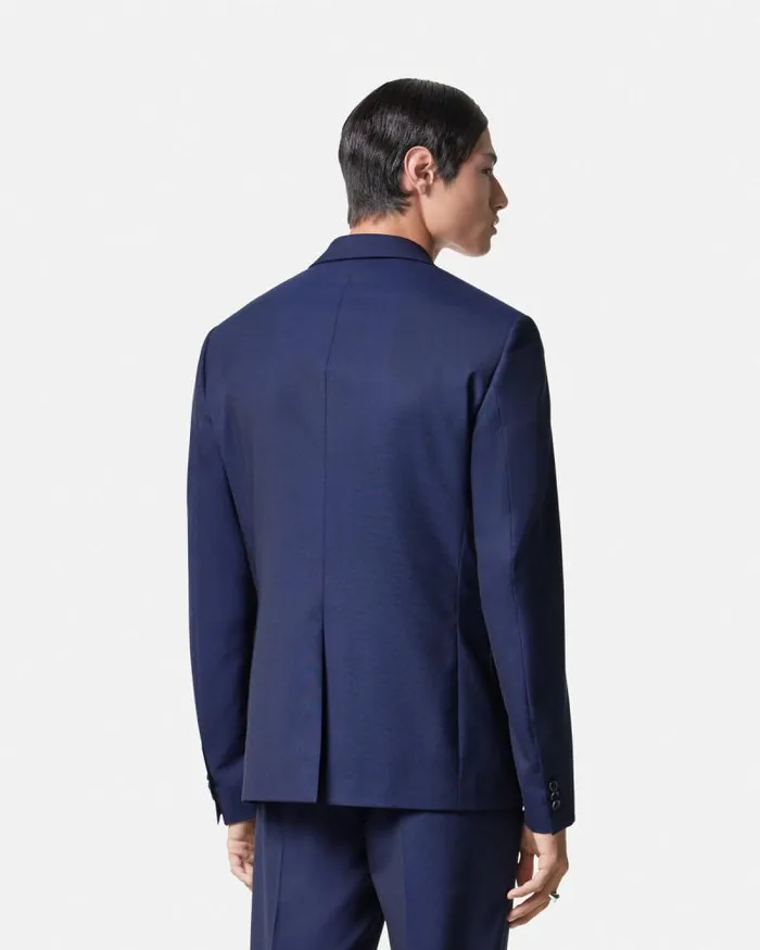 WoolCanvas SingleBreasted Blazer Blue Men Versace Blazers and Suits