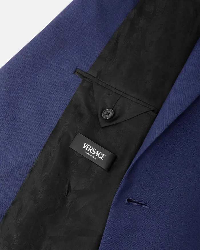 WoolCanvas SingleBreasted Blazer Blue Men Versace Blazers and Suits